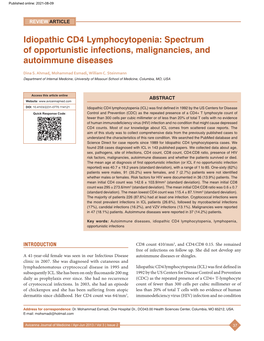Idiopathic CD4 Lymphocytopenia: Spectrum of Opportunistic Infections, Malignancies, and Autoimmune Diseases
