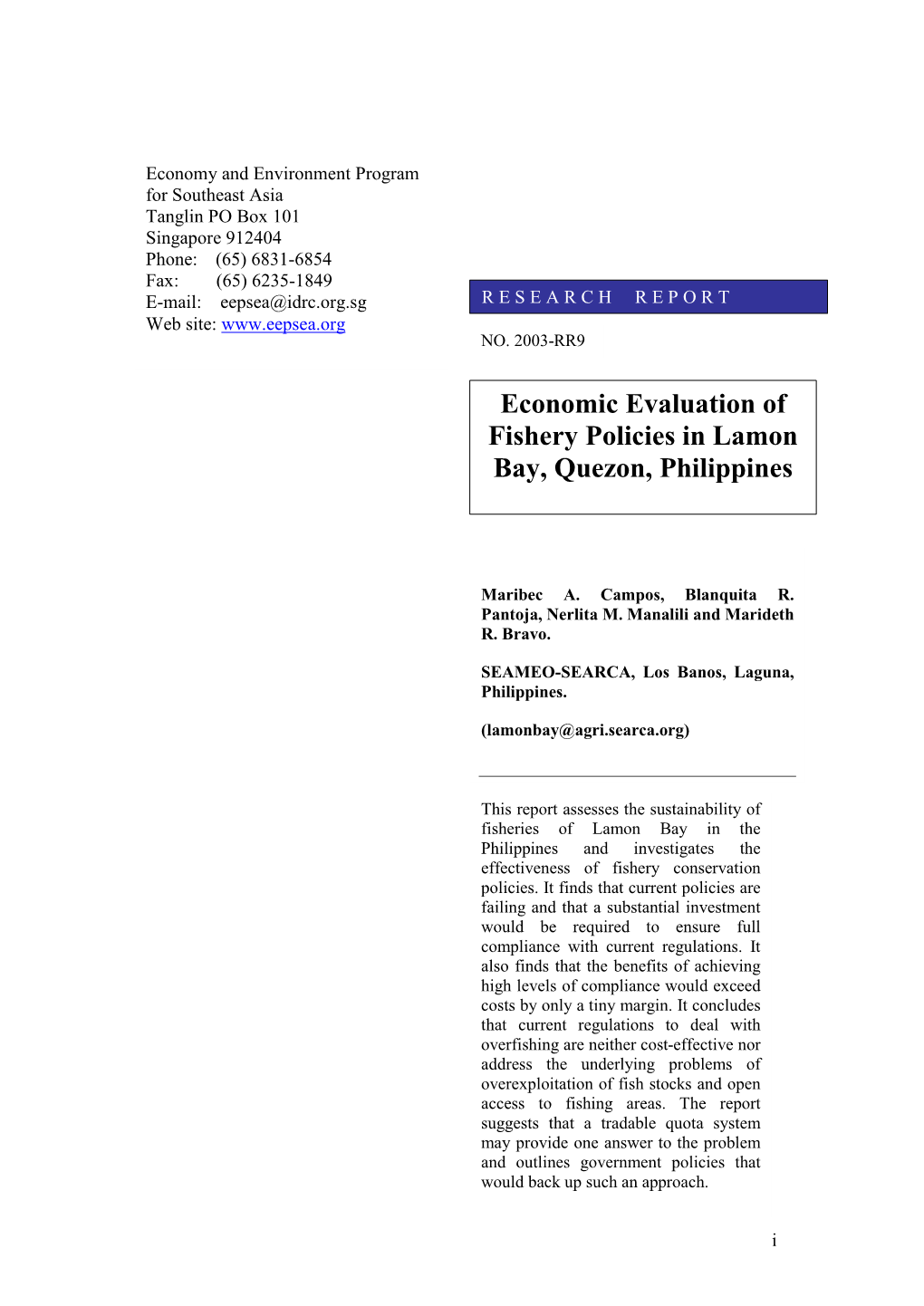 Economic Evaluation of Fishery Policies in Lamon Bay, Quezon, Philippines