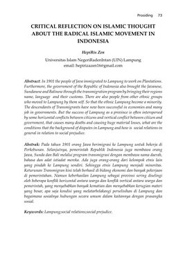Critical Reflection on Islamic Thought About the Radical Islamic Movement in Indonesia