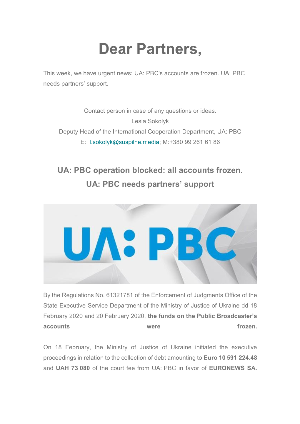 UA :PBC Press Release