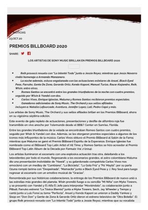 Premios Billboard 2020 Share:   Los Artistas De Sony Music Brillan En Premios Billboard 2020