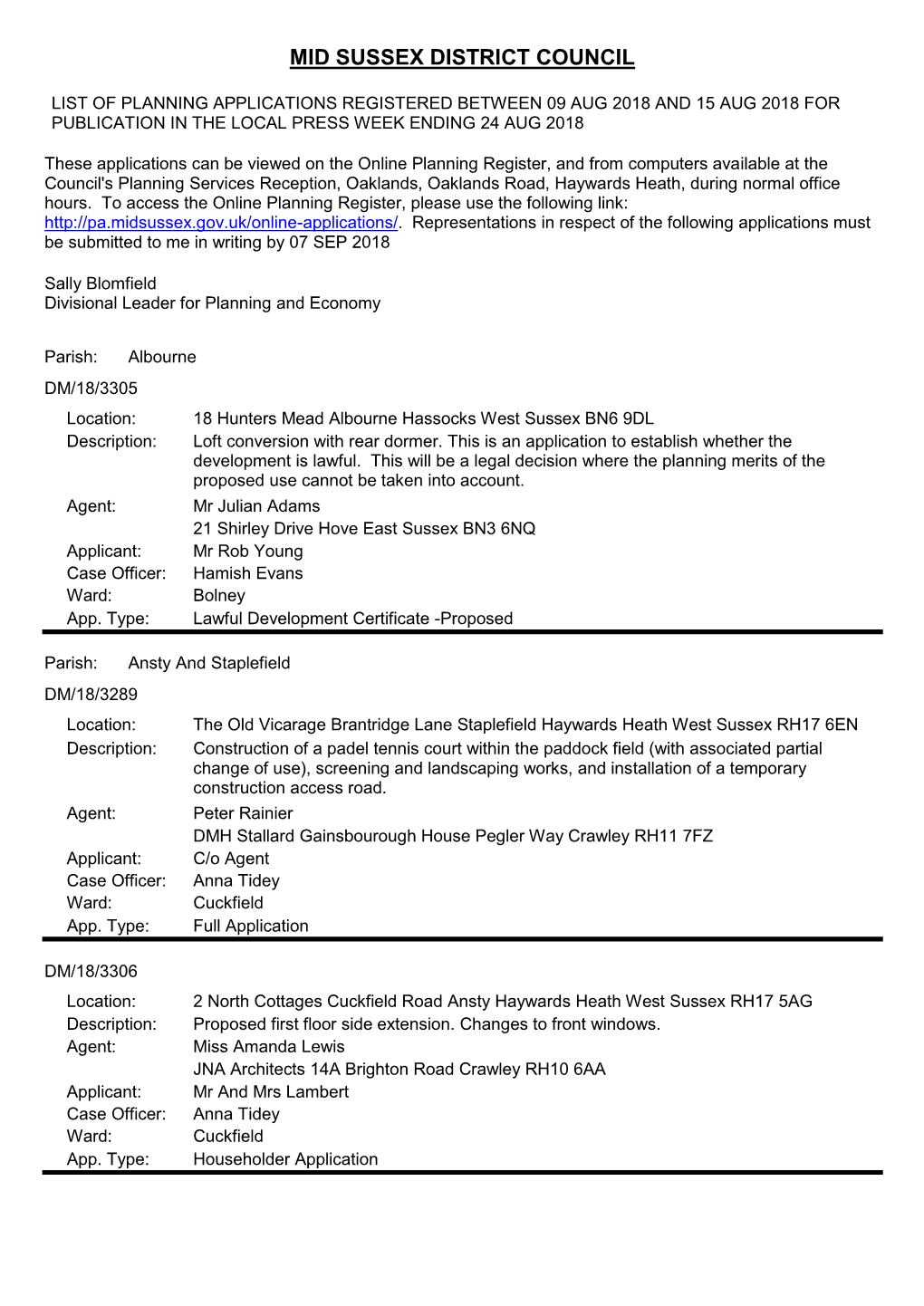 Planning Applications Received Between 09 August and 15 August 2018