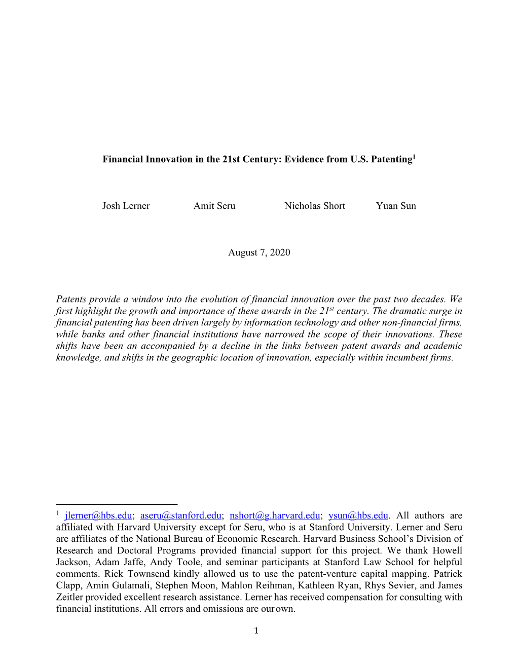 Financial Innovation in the 21St Century: Evidence from U.S