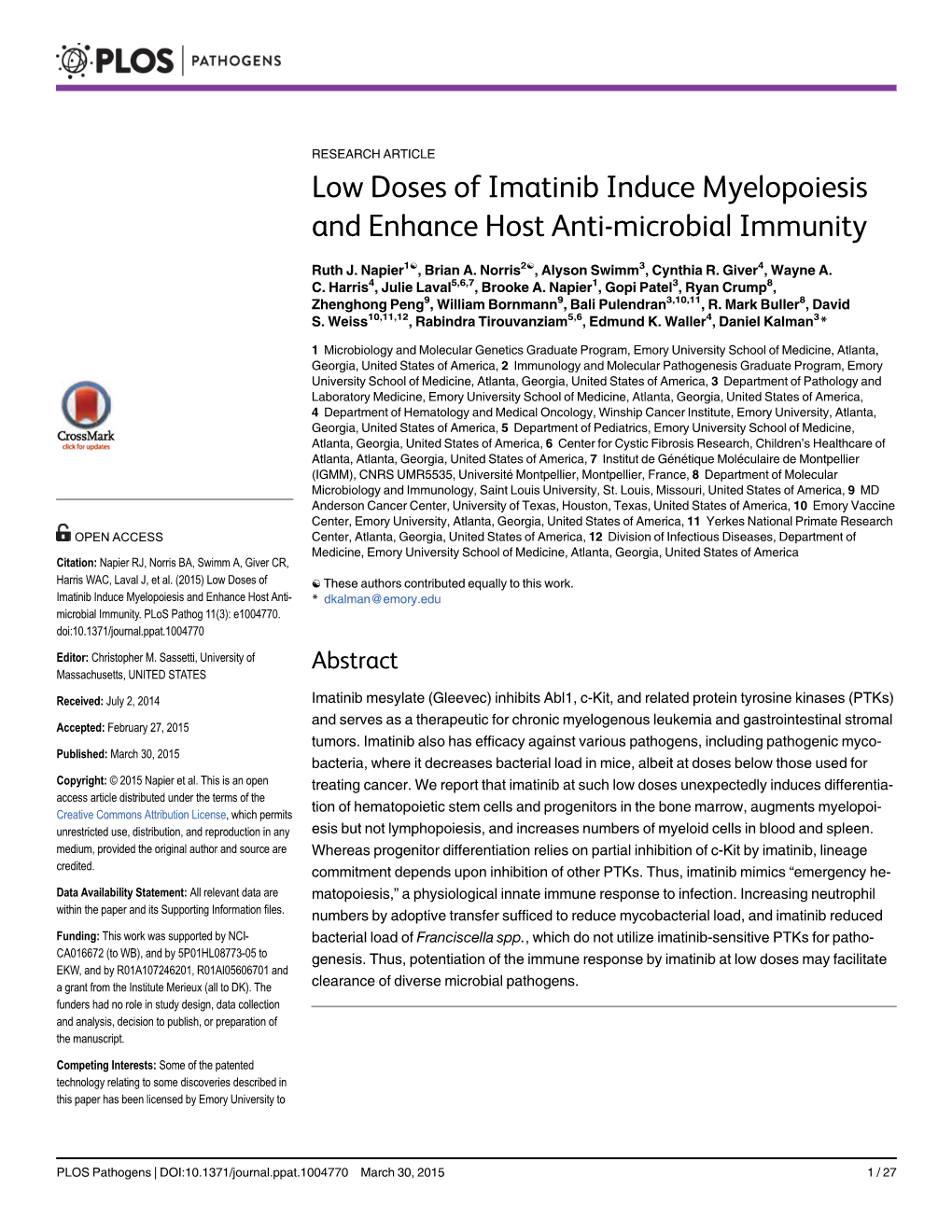 Low Doses of Imatinib Induce Myelopoiesis and Enhance Host Anti-Microbial Immunity