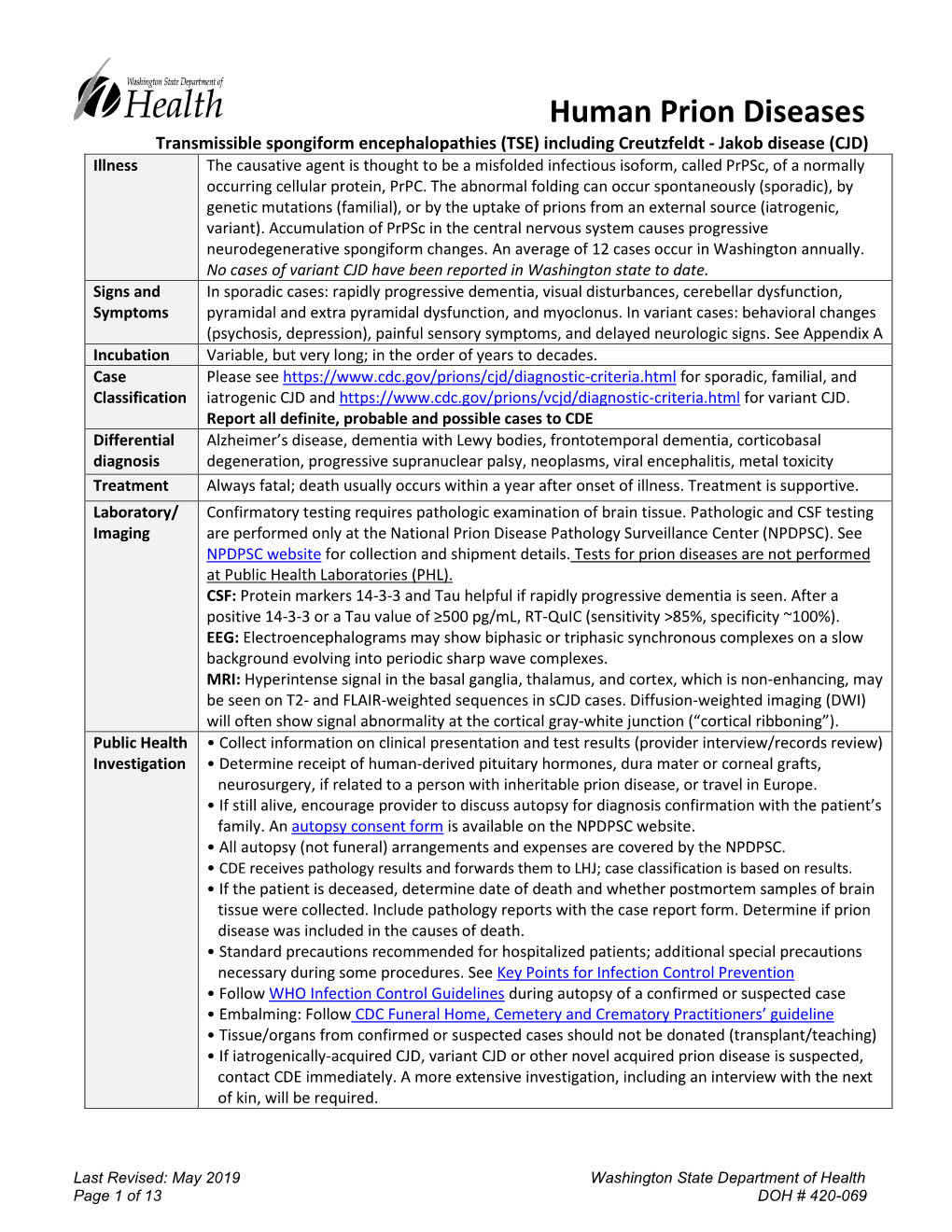 Prion Disease Reporting and Investigation Guideline