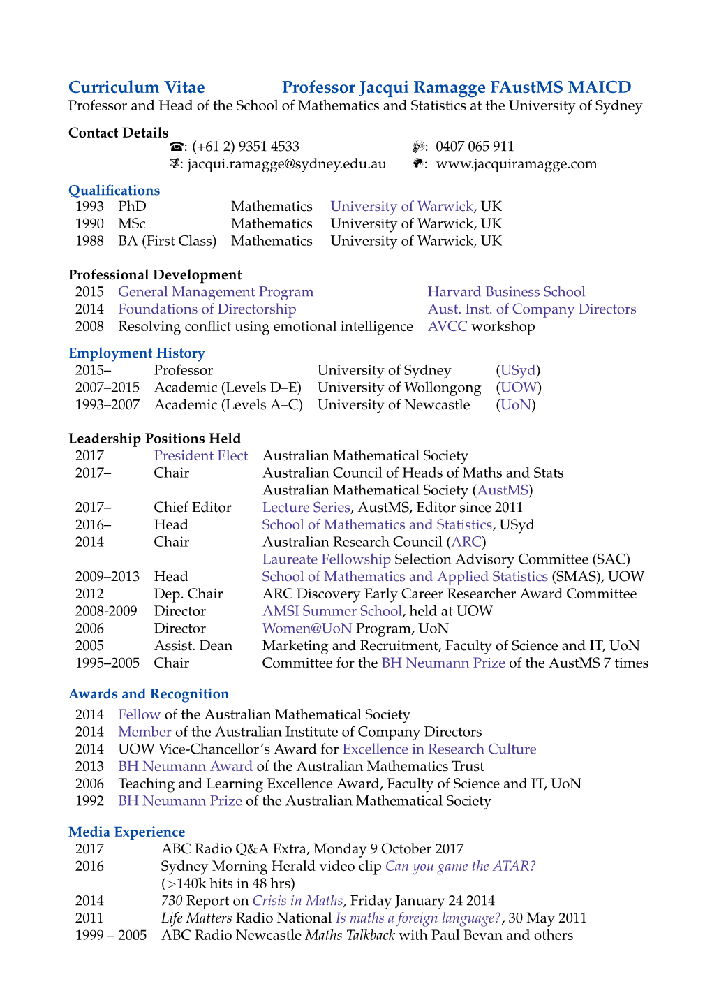 Curriculum Vitae Professor Jacqui Ramagge Faustms MAICD