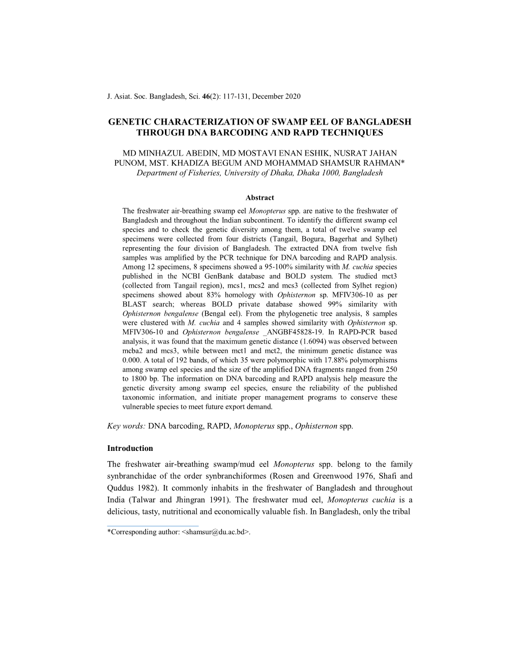 Genetic Characterization of Swamp Eel of Bangladesh Through Dna Barcoding and Rapd Techniques