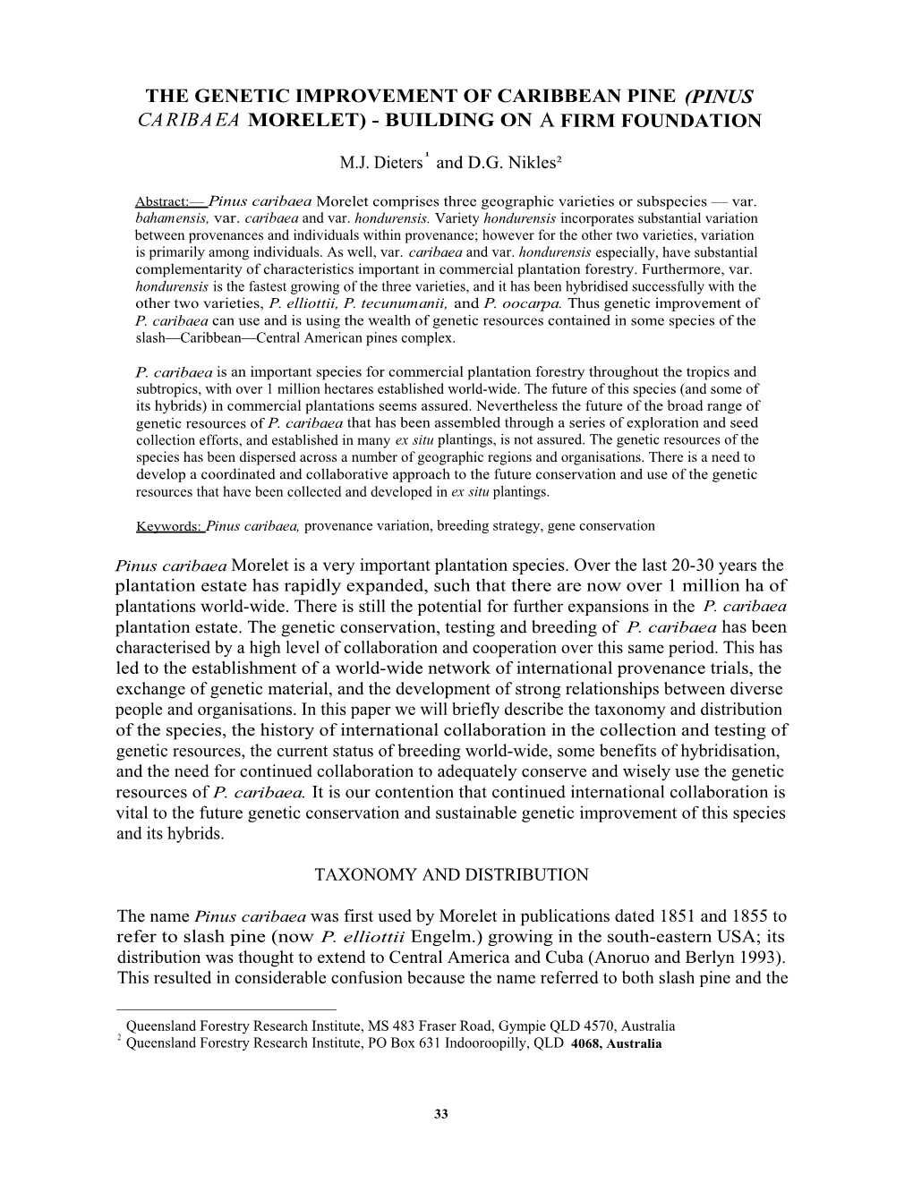 The Genetic Improvement of Carribbean Pine (Pinus Caribbaea