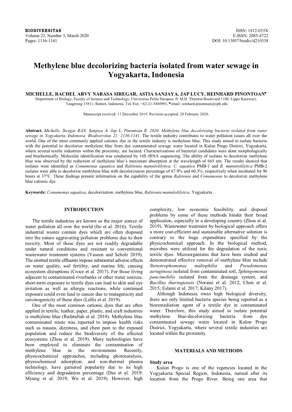 Methylene Blue Decolorizing Bacteria Isolated from Water Sewage in Yogyakarta, Indonesia
