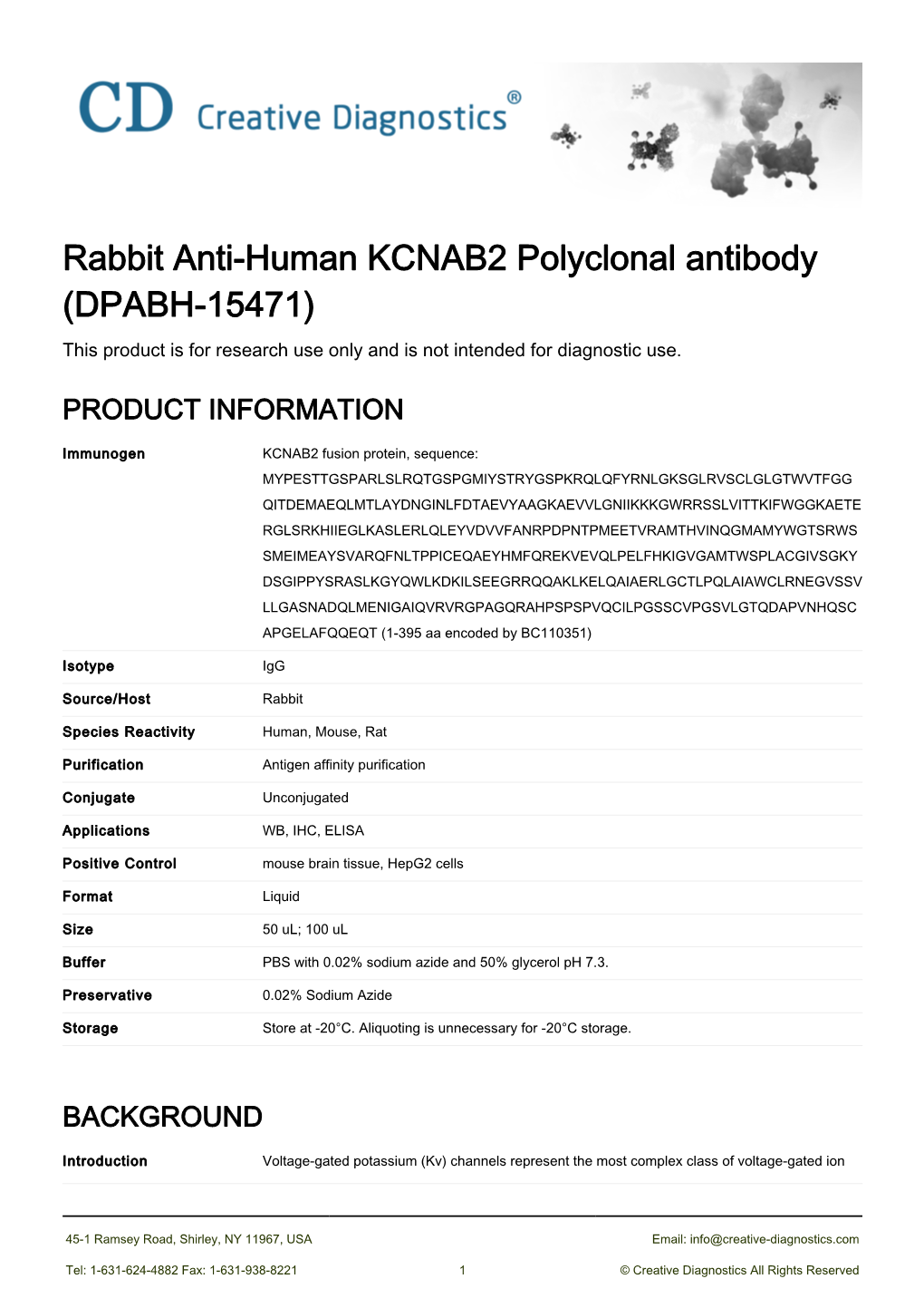Rabbit Anti-Human KCNAB2 Polyclonal Antibody (DPABH-15471) This Product Is for Research Use Only and Is Not Intended for Diagnostic Use