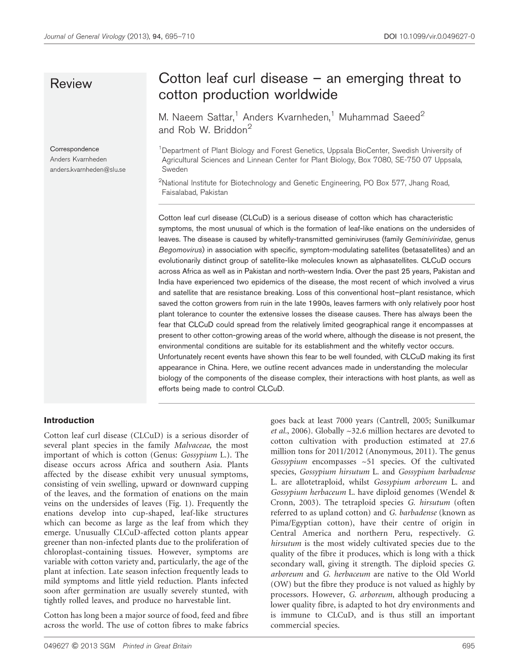 Cotton Leaf Curl Disease – an Emerging Threat to Cotton Production Worldwide