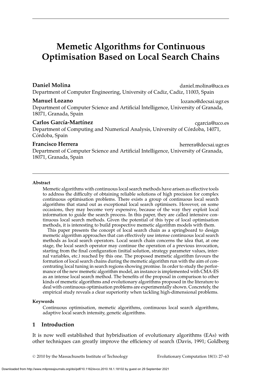 Memetic Algorithms for Continuous Optimisation Based on Local Search Chains