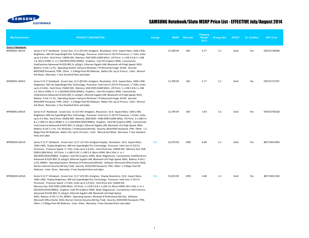 SAMSUNG Notebook/Slate MSRP Price List - EFFECTIVE July/August 2014