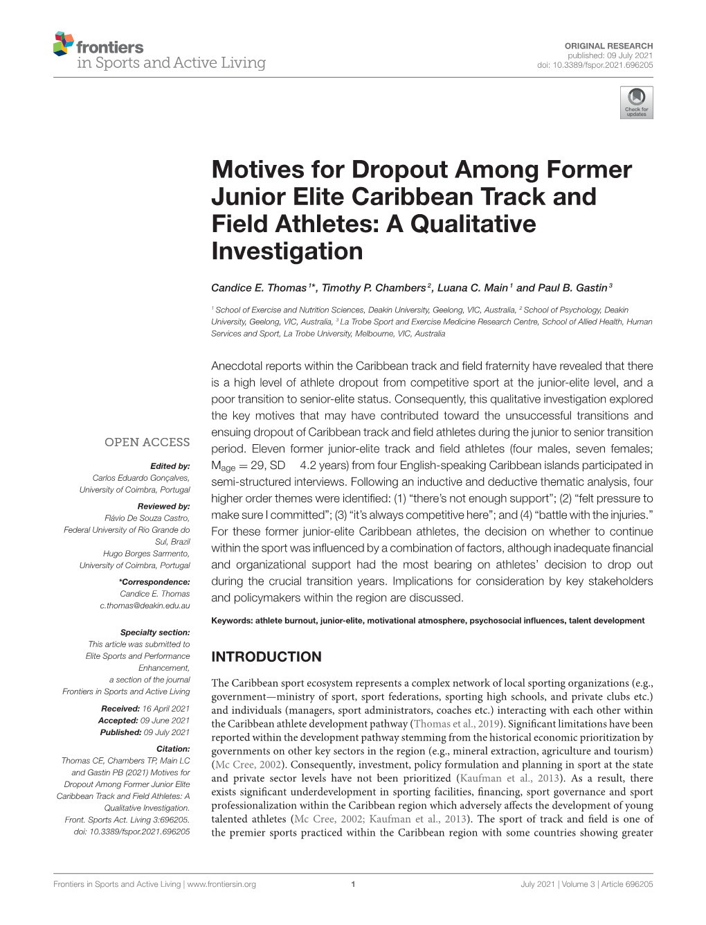 Motives for Dropout Among Former Junior Elite Caribbean Track and Field Athletes: a Qualitative Investigation