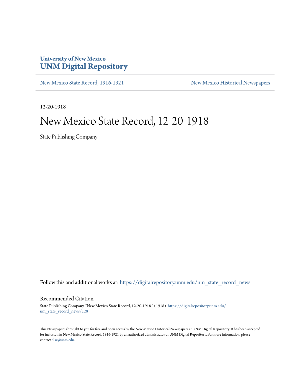 New Mexico State Record, 12-20-1918 State Publishing Company