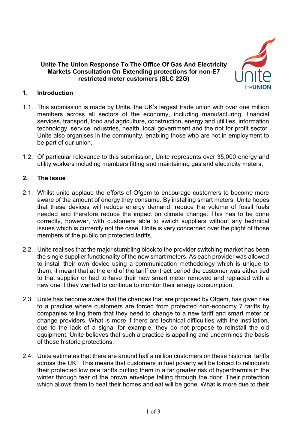 Unite the Union Response to the Office of Gas and Electricity Markets Consultation on Extending Protections for Non-E7 Restricted Meter Customers (SLC 22G)