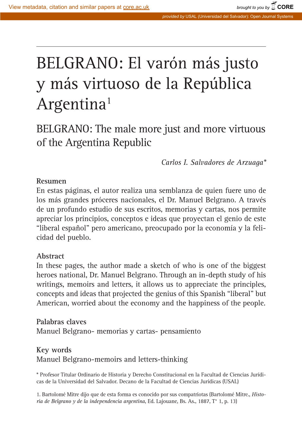 BELGRANO: El Varón Más Justo Y Más Virtuoso De La República Argentina1 BELGRANO: the Male More Just and More Virtuous of the Argentina Republic
