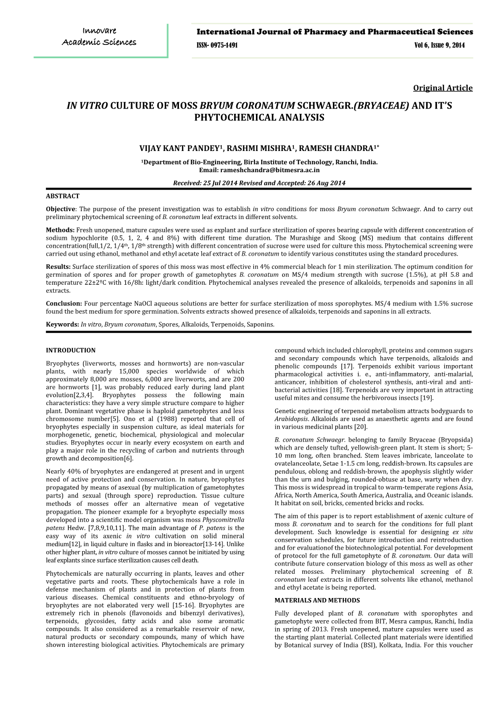 In Vitro Culture of Moss Bryum Coronatum Schwaegr.(Bryaceae) and It’S Phytochemical Analysis