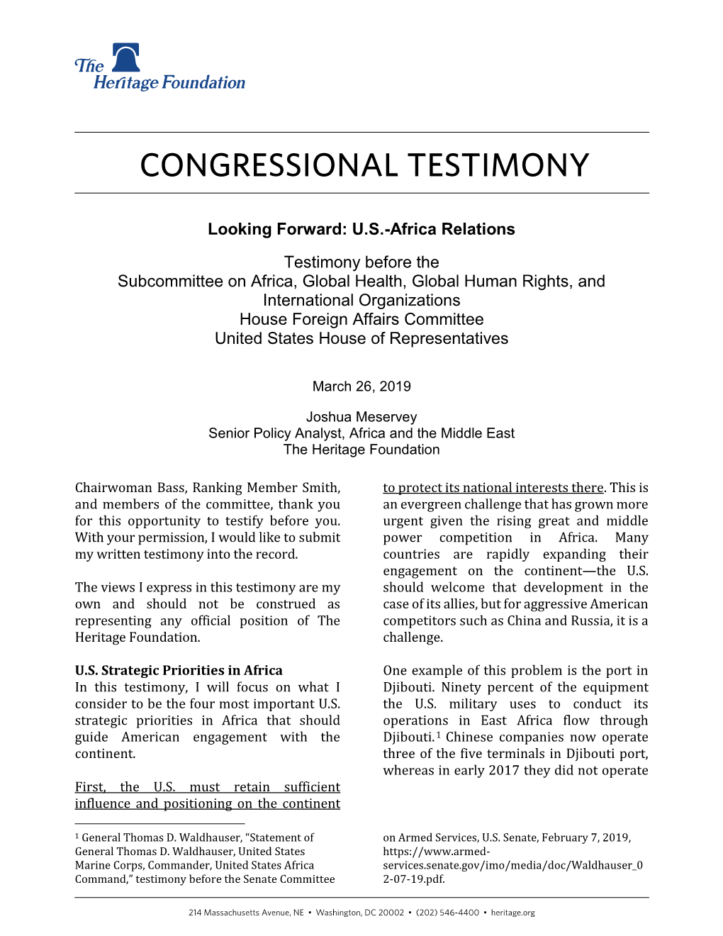 Joshua Meservey Senior Policy Analyst, Africa and the Middle East the Heritage Foundation