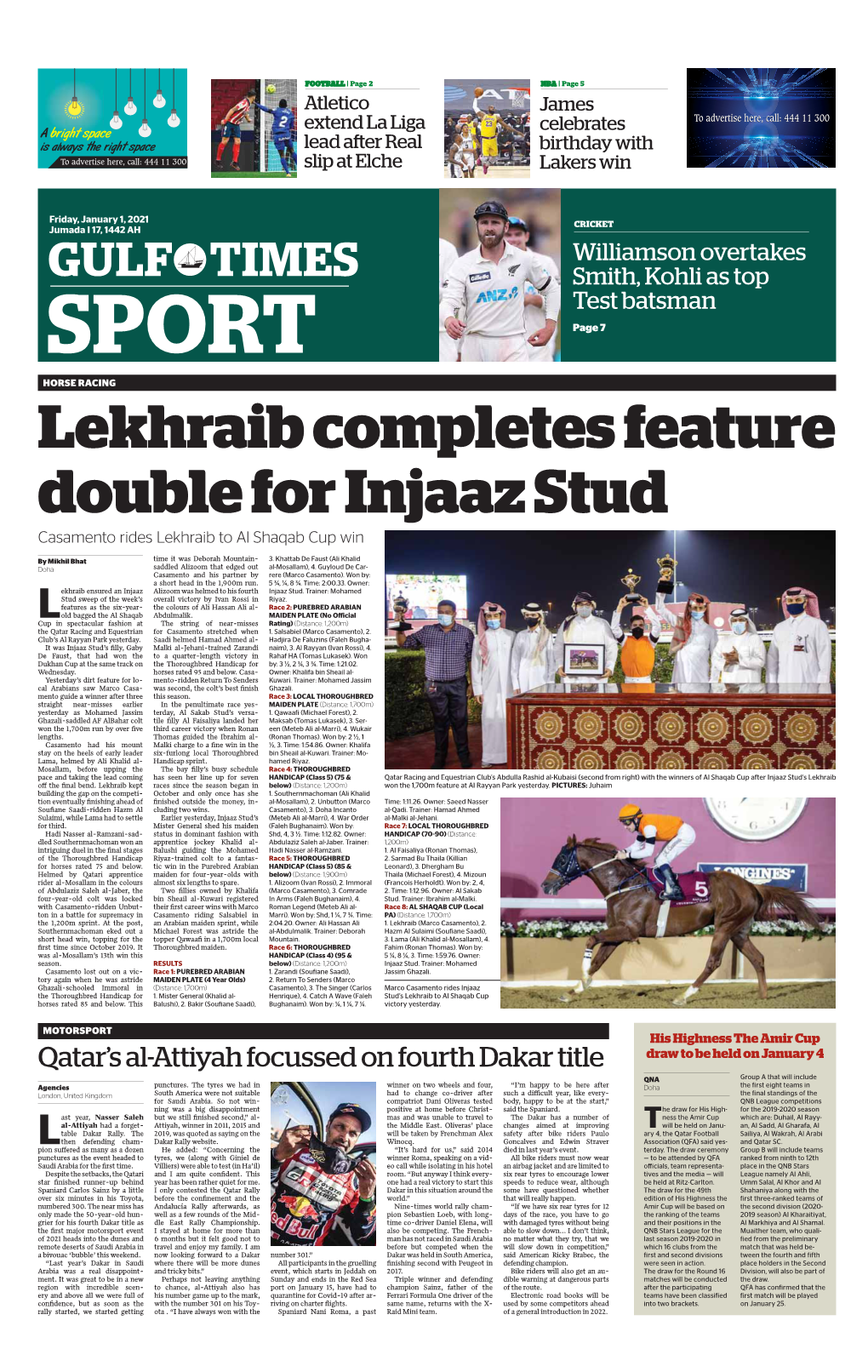 SPORT Page 7 HORSE RACING Lekhraib Completes Feature Double for Injaaz Stud Casamento Rides Lekhraib to Al Shaqab Cup Win