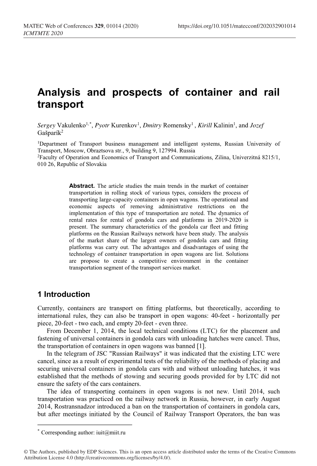 Analysis and Prospects of Container and Rail Transport