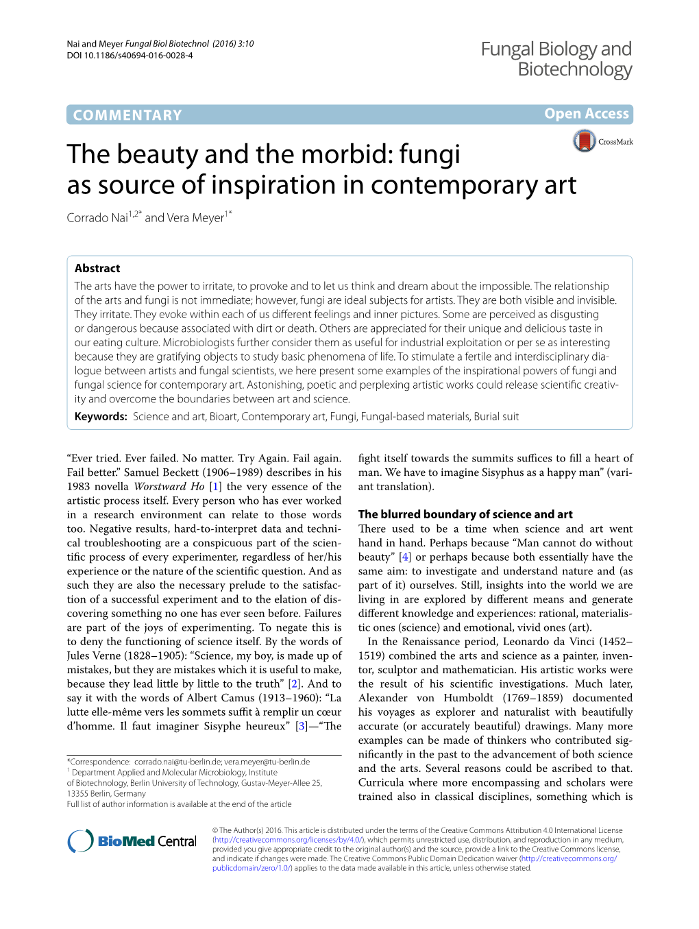 Fungi As Source of Inspiration in Contemporary Art Corrado Nai1,2* and Vera Meyer1*