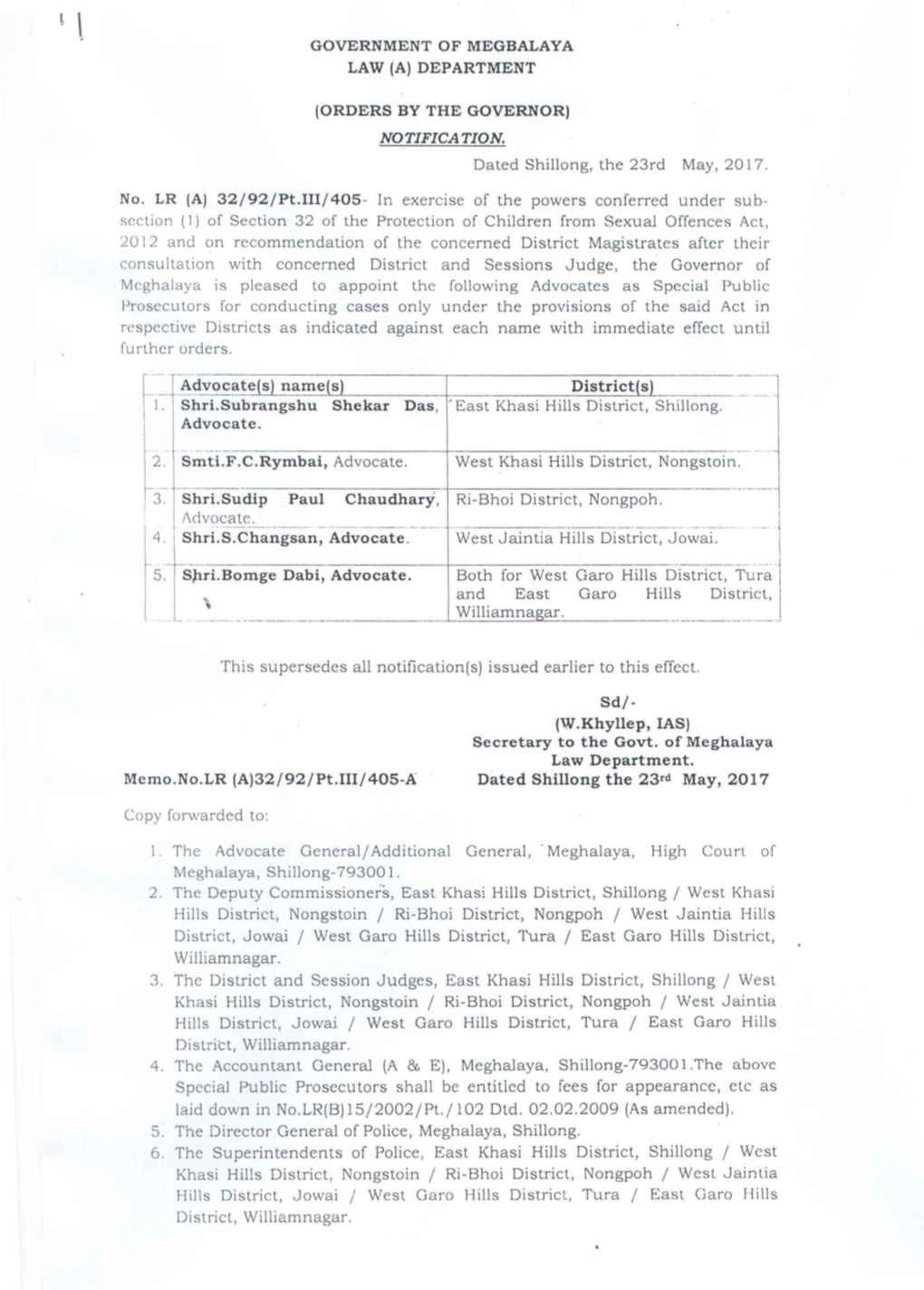 No.LR(A)32/92/Pt.III/405 Dated Shillong the 23Rd May 2017