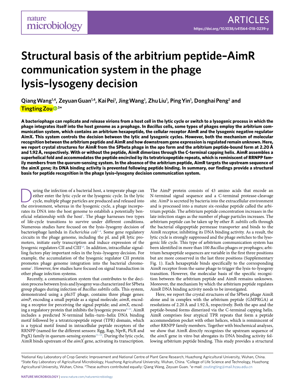 Structural Basis of the Arbitrium Peptide–Aimr Communication System in the Phage Lysis–Lysogeny Decision