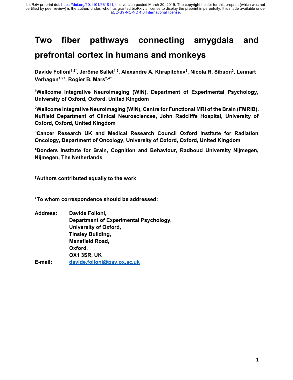 Two Fiber Pathways Connecting Amygdala and Prefrontal Cortex in Humans and Monkeys