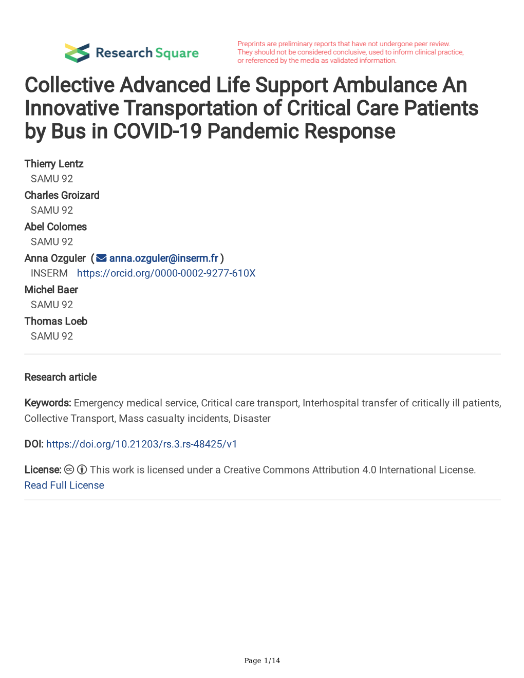 Collective Advanced Life Support Ambulance an Innovative Transportation of Critical Care Patients by Bus in COVID-19 Pandemic Response