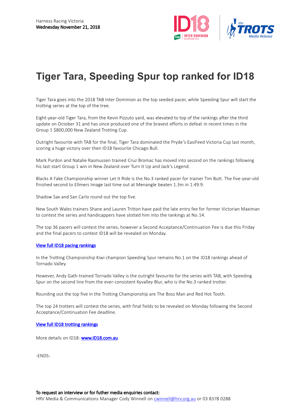 Tiger Tara, Speeding Spur Top Ranked for ID18