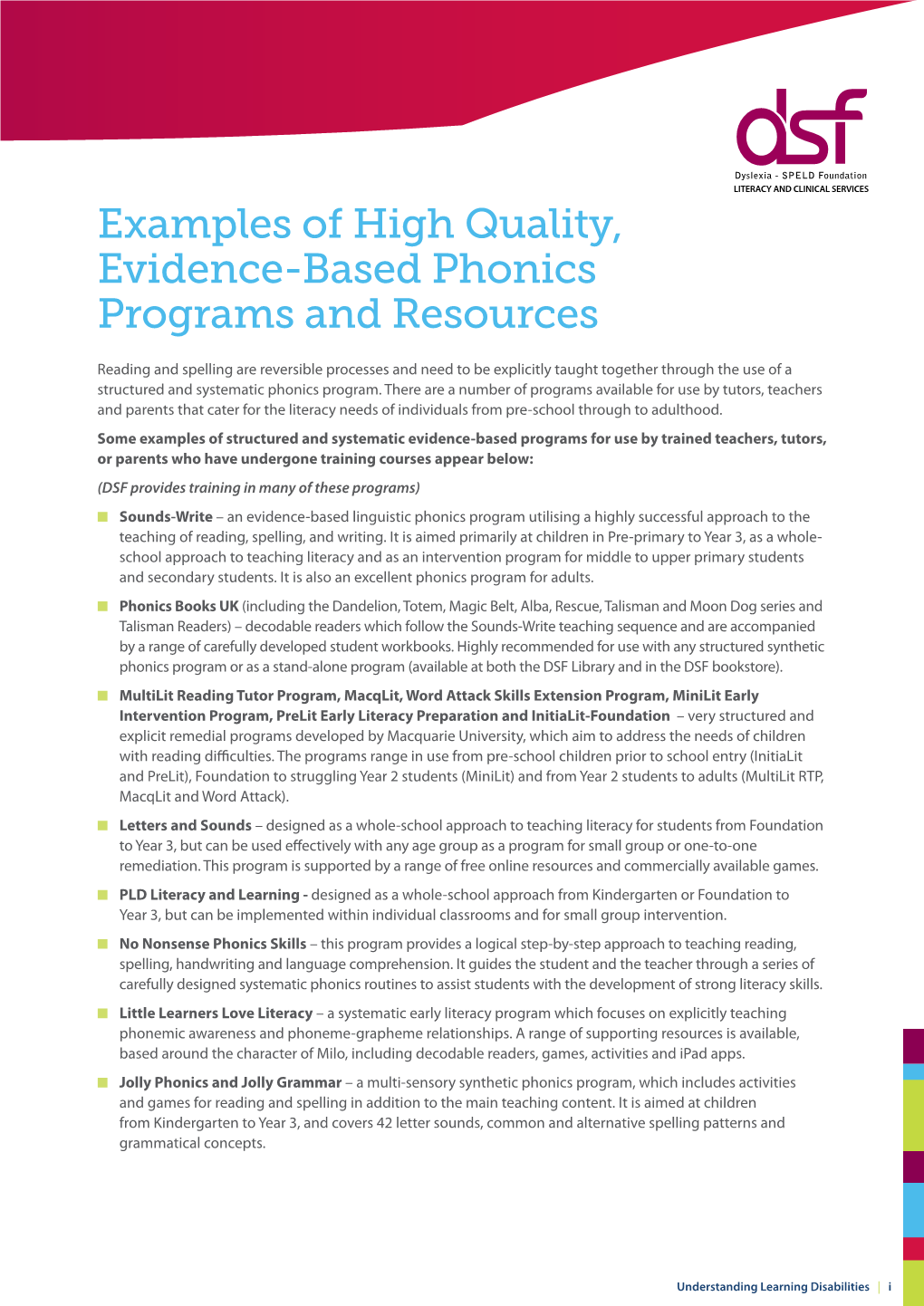 Examples of High-Quality Evidence Based Phonics Programs