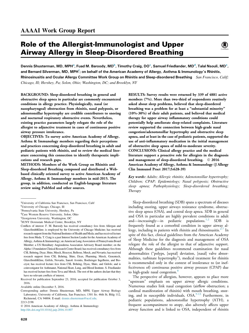 Role of the Allergist-Immunologist and Upper Airway Allergy in Sleep-Disordered Breathing