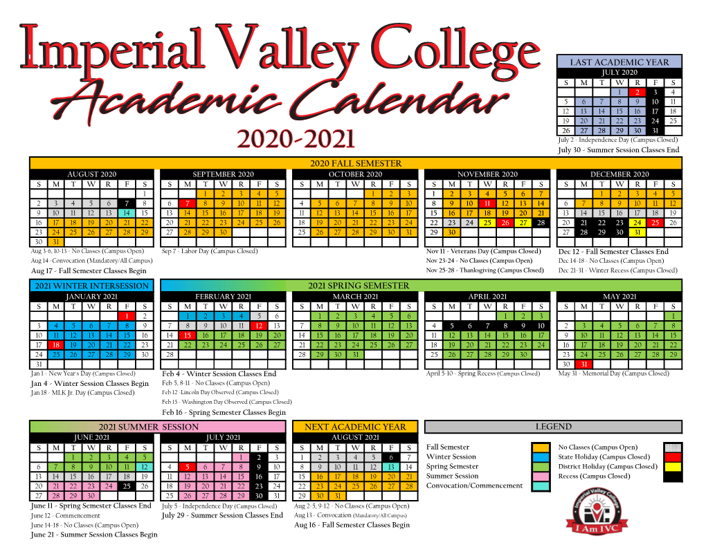 2020-21 IVC Academic Calendar