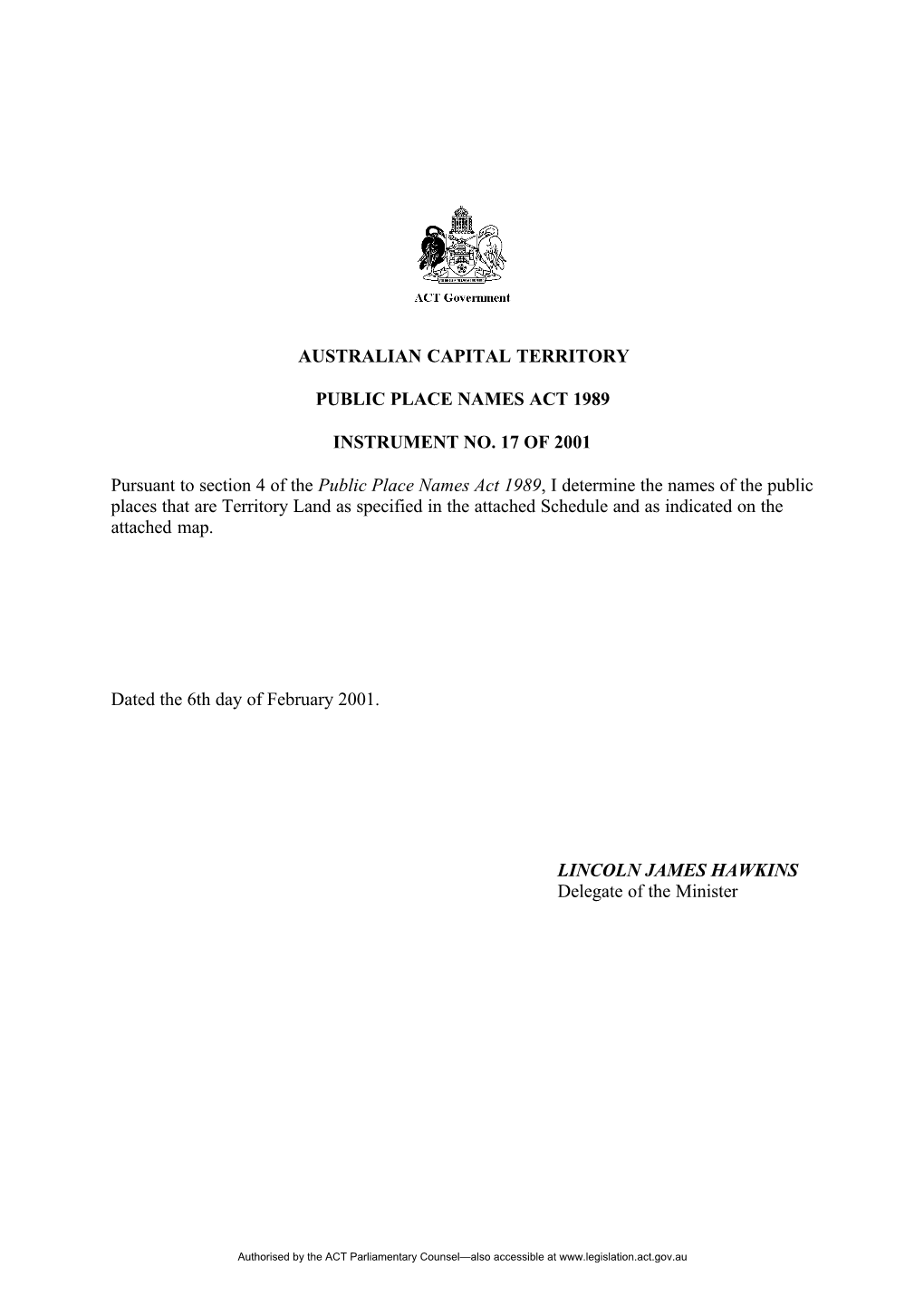 Australian Capital Territory Public Place Names Act 1989