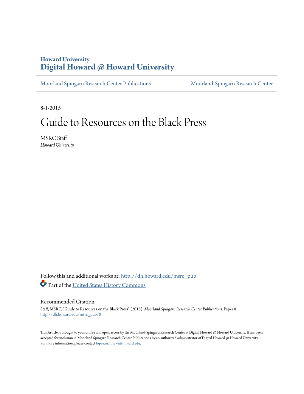 Guide to Resources on the Black Press MSRC Staff Howard University