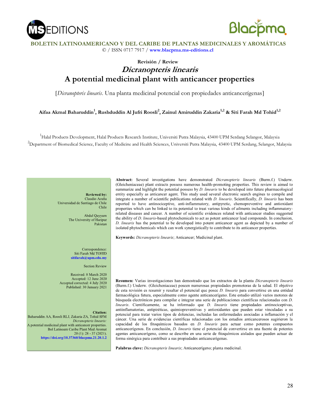 Dicranopteris Linearis a Potential Medicinal Plant with Anticancer Properties