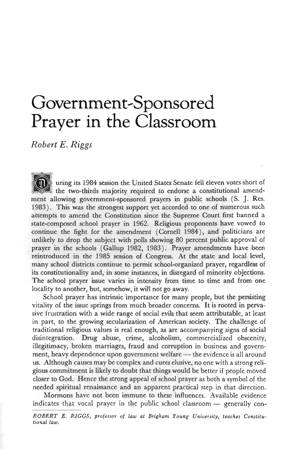 Government-Sponsored Prayer in the Classroom Robert E