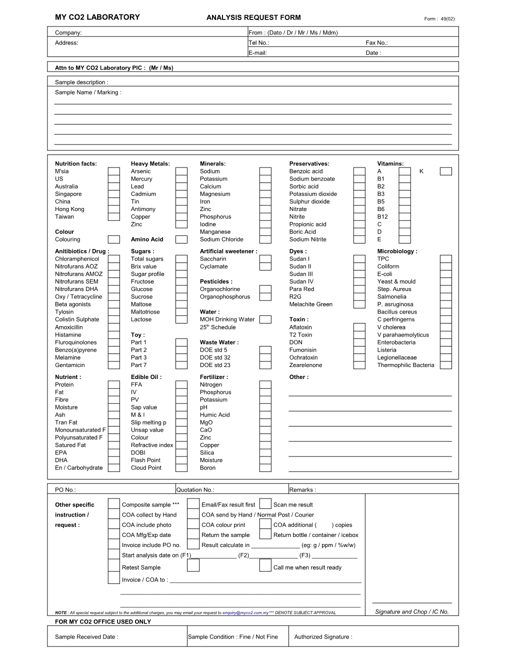MY CO2 LABORATORY ANALYSIS REQUEST FORM Form : 49(02)