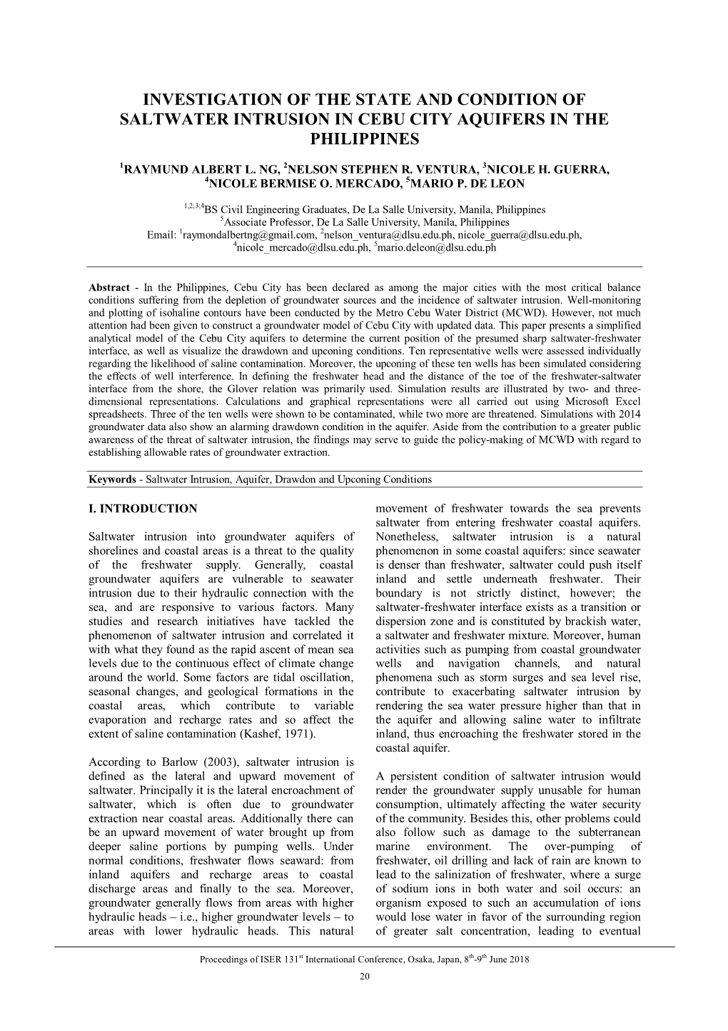 Investigation of the State and Condition of Saltwater Intrusion in Cebu City Aquifers in the Philippines