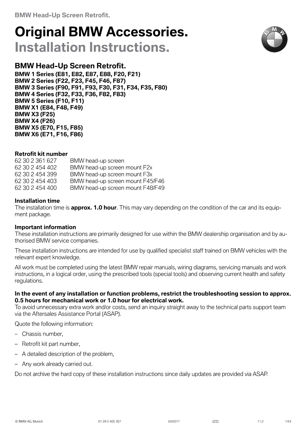 Original BMW Accessories. Installation Instructions. BMW Head-Up Screen Retrofit