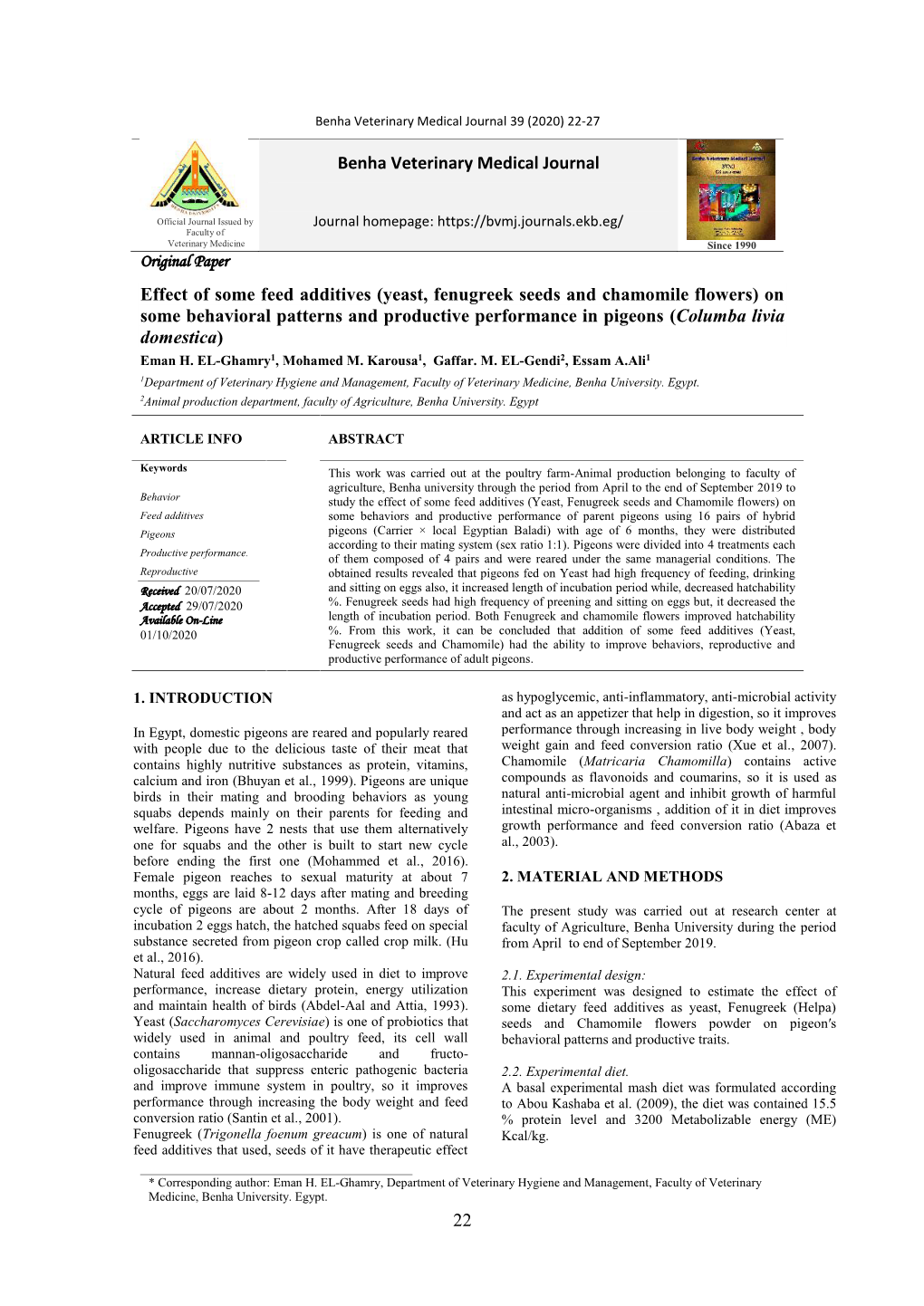 Yeast, Fenugreek Seeds and Chamomile Flowers) on Some Behavioral Patterns and Productive Performance in Pigeons (Columba Livia Domestica) Eman H