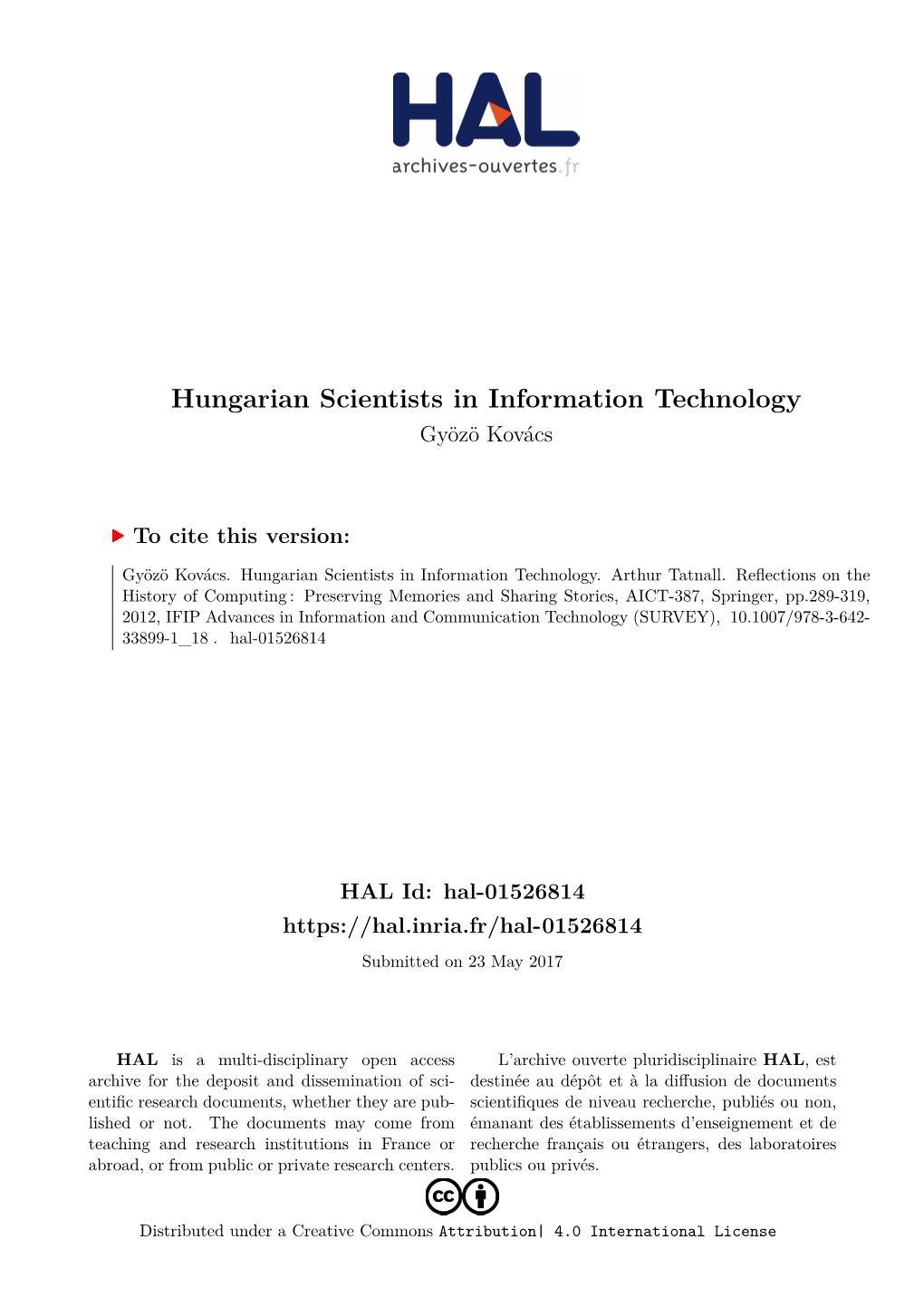 Hungarian Scientists in Information Technology Gyözö Kovács