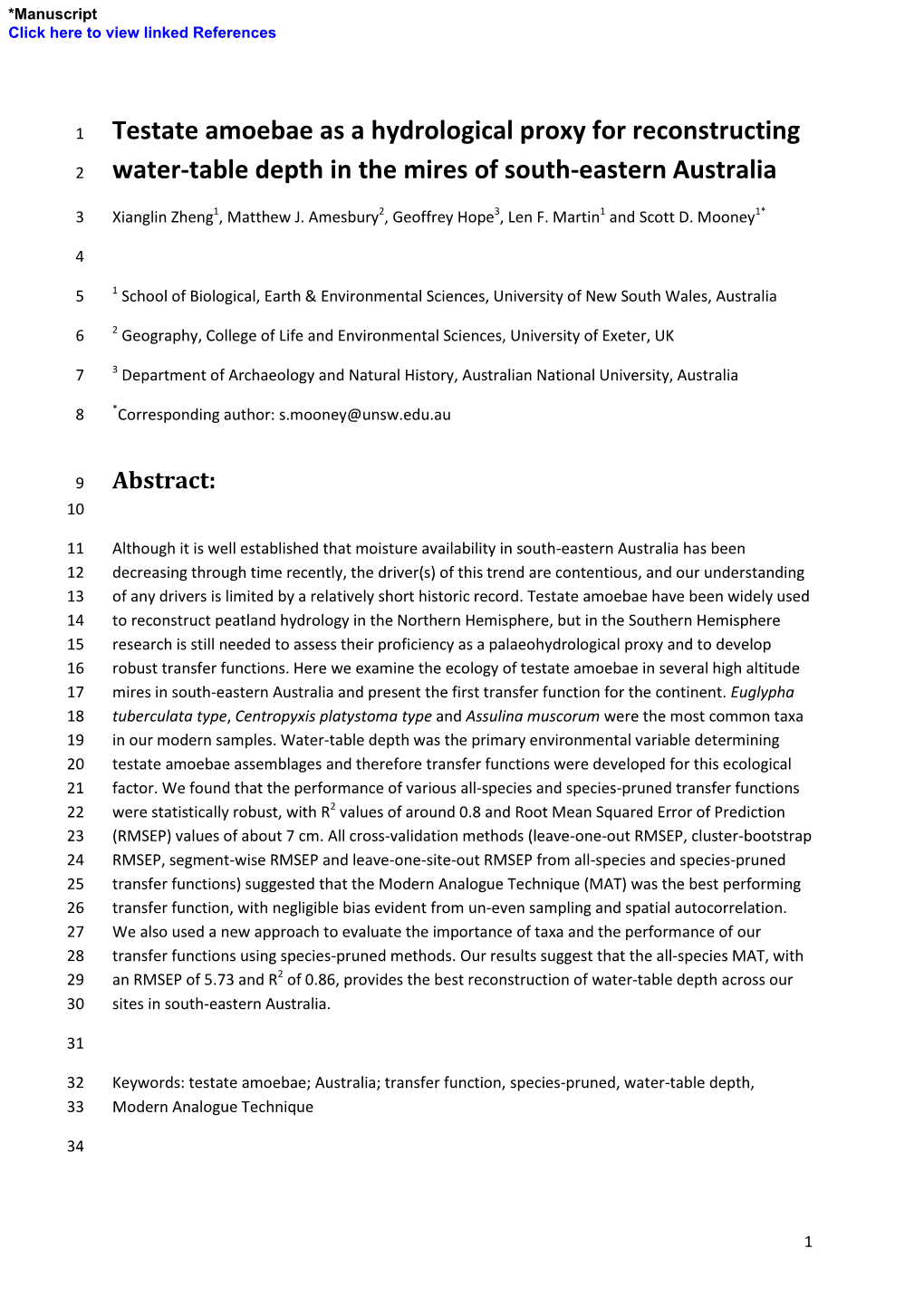 Testate Amoebae As a Hydrological Proxy for Reconstructing Water-Table