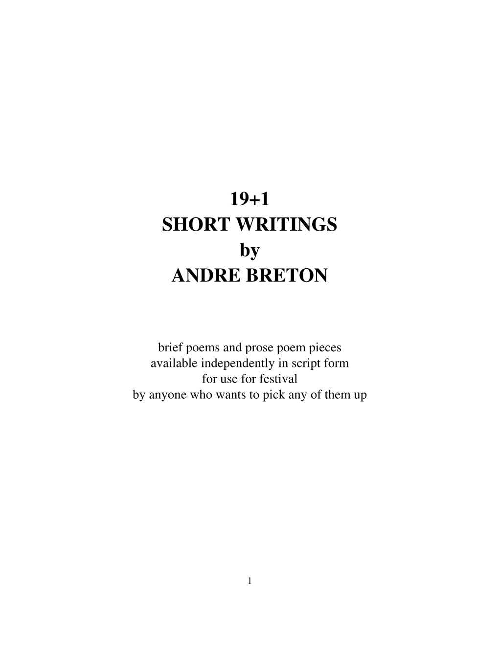 19+1 SHORT WRITINGS by ANDRE BRETON