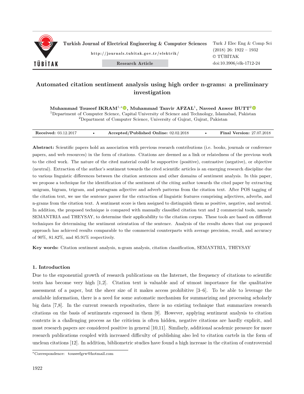 Automated Citation Sentiment Analysis Using High Order N-Grams: a Preliminary Investigation