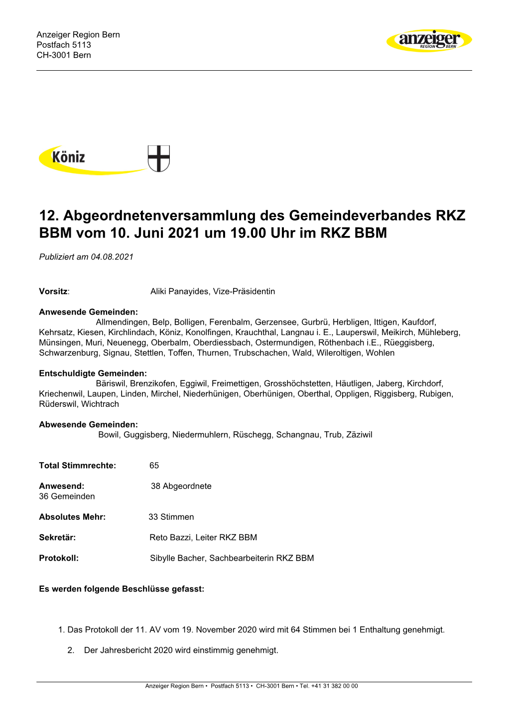 12. Abgeordnetenversammlung Des Gemeindeverbandes RKZ BBM Vom 10