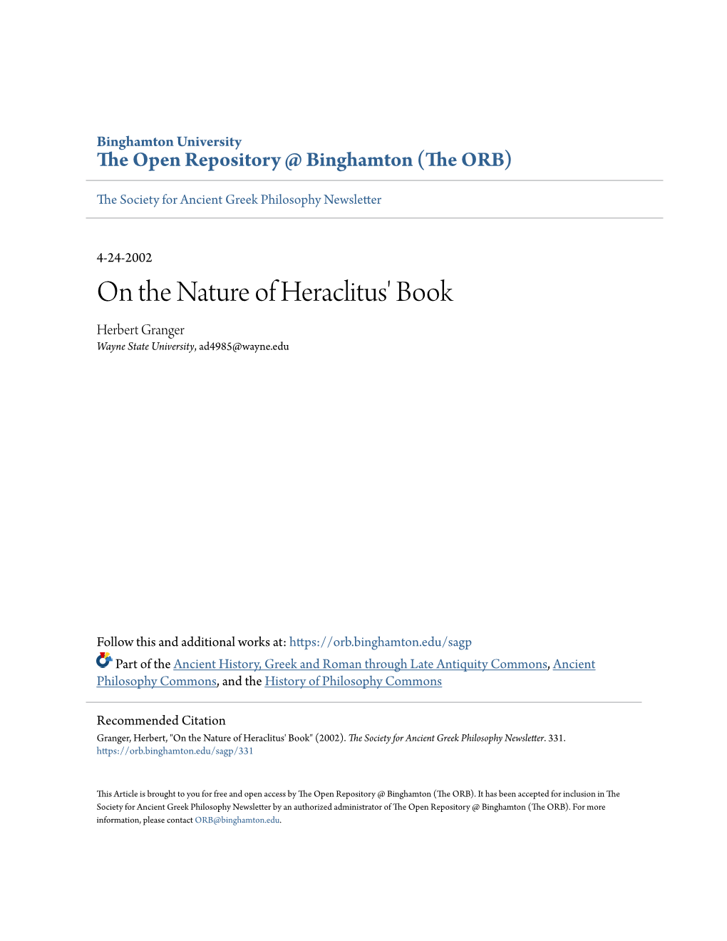 On the Nature of Heraclitus' Book Herbert Granger Wayne State University, Ad4985@Wayne.Edu