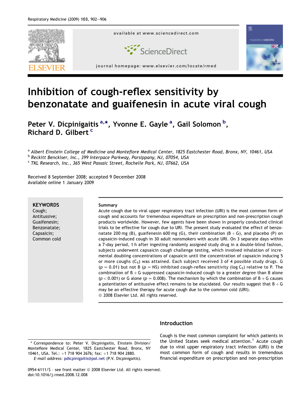 Inhibition of Cough-Reflex Sensitivity by Benzonatate and Guaifenesin In