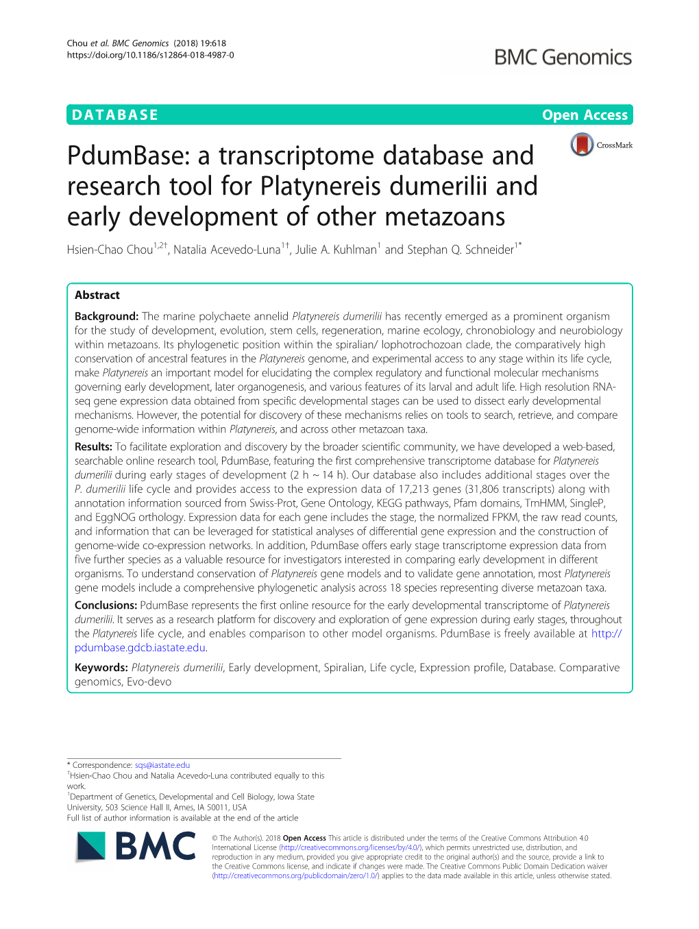 Pdumbase: a Transcriptome Database and Research Tool for Platynereis